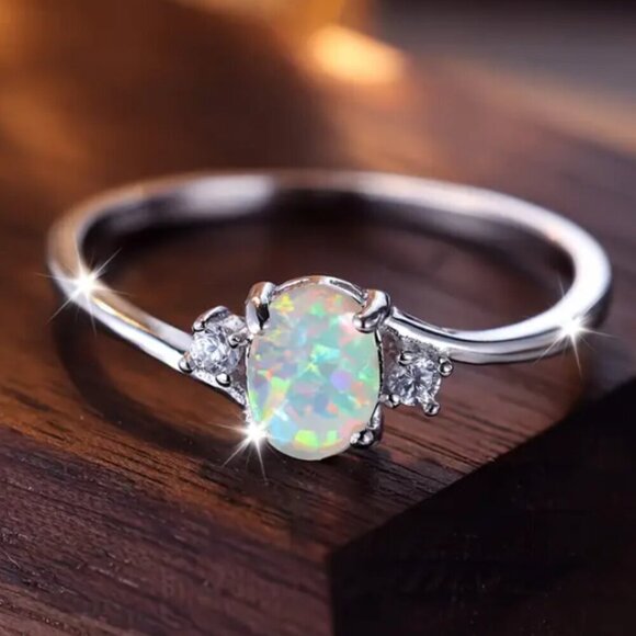 Silver Plated Opal Ring Diamonds Lab Created Choose Size NWT - Picture 1 of 3